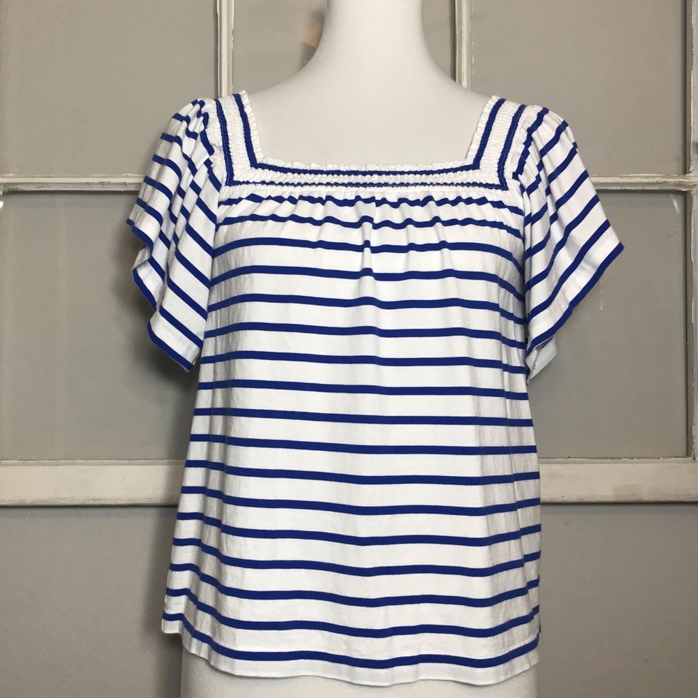 J. CREW Striped Blue White Flutter Sleeve Nautical Top Size XS